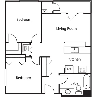 Floor plan for 2 beds, 1 bath, 861 sqft
